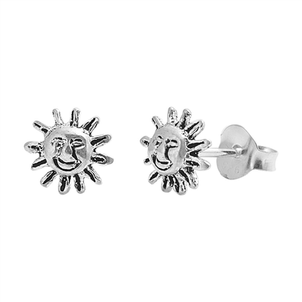 Detailed Happy Sun Face Cute .925 Sterling Silver Smile Sunshine Stud Earrings