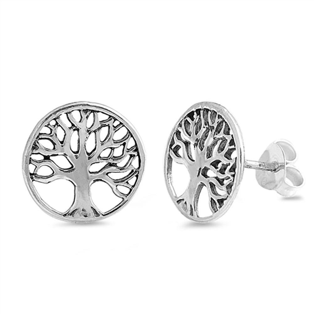 Circle Cutout Tree Of Life Roots .925 Sterling Silver Forever Branch Stud Earrings