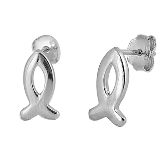 Jesus Fish High Polish Icthus Religious Symbol .925 Sterling Silver Classic Stud Earrings