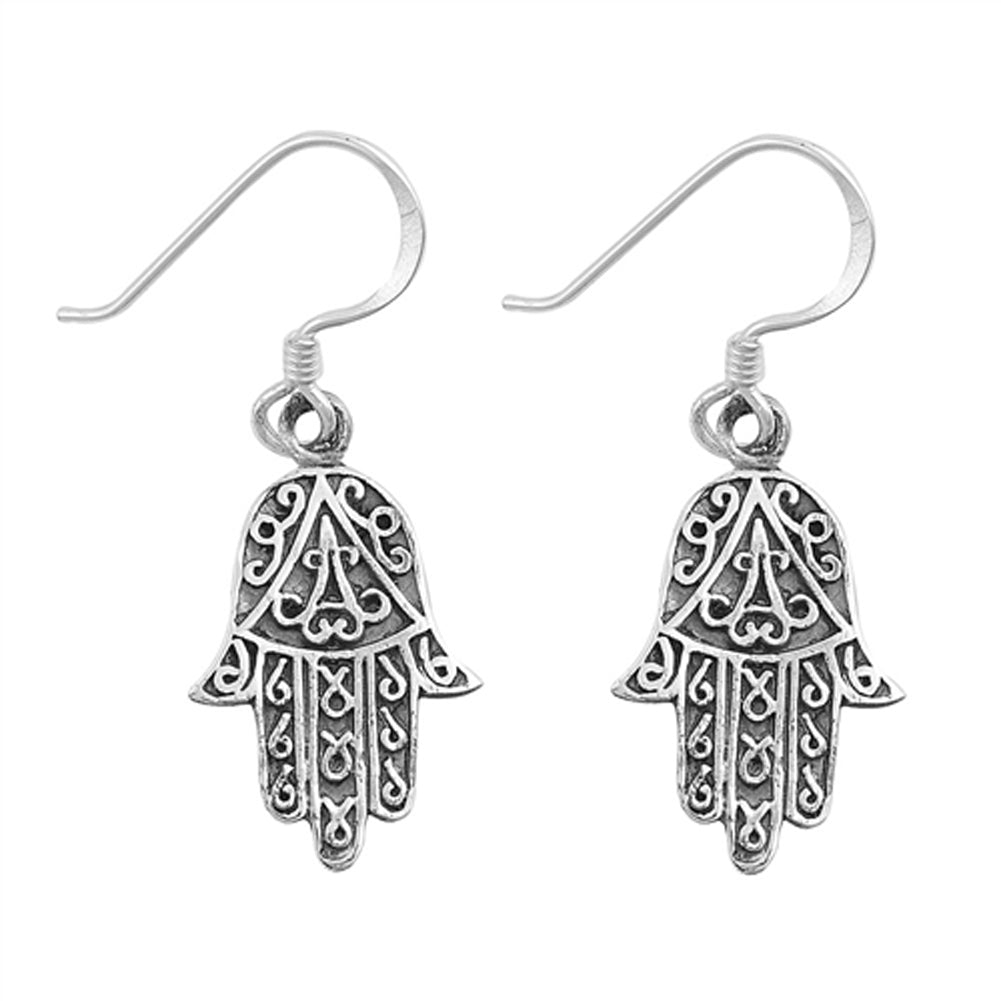 Hand of God Oxidized Hamsa Bohemian .925 Sterling Silver Boho Filigree Swirl Earrings