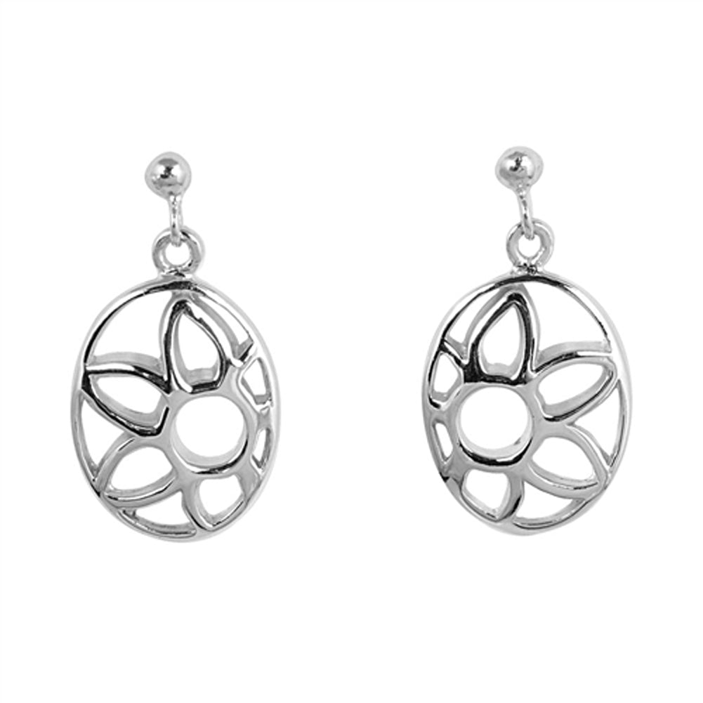 High Polish Oval Cutout Sunflower Flower .925 Sterling Silver Garden Nature Earrings