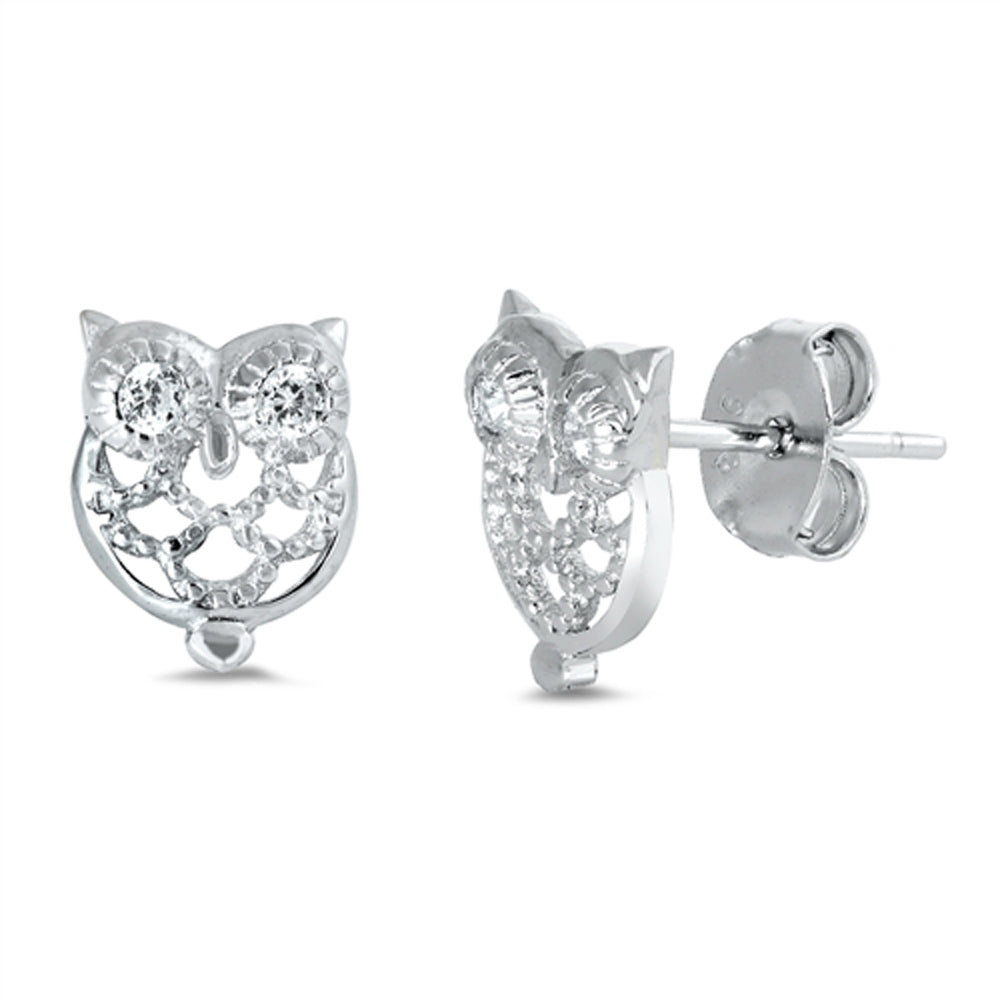 Sterling Silver Studded Owl Animal Bird Outline Earrings Clear CZ 925 New