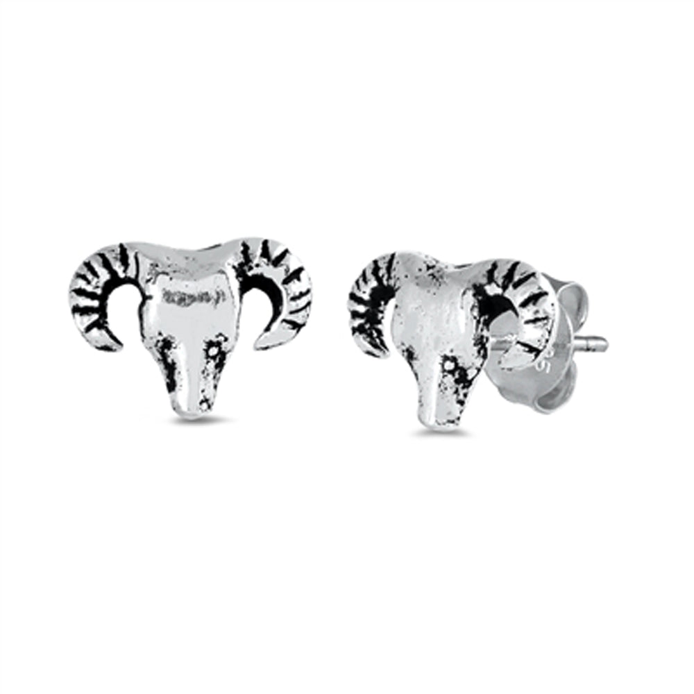 Sterling Silver Ram Skull Skeleton Horn Antler Stud Earrings 925 New