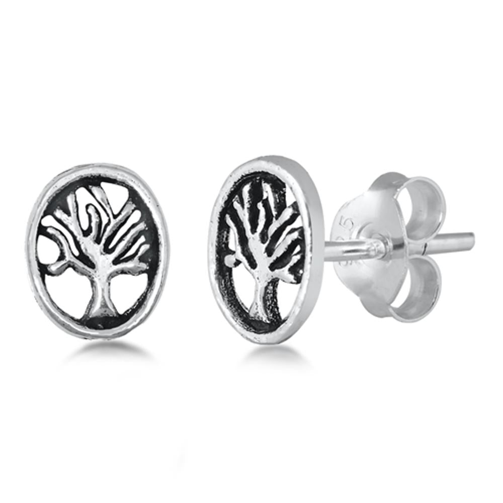 Sterling Silver Tree of Life Cutout Open Medallion Oval Branch Stud Earrings 925