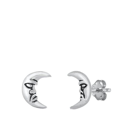 Mystic Crescent Moon Face Sterling Silver Stud Earrings Half Moon 925 New