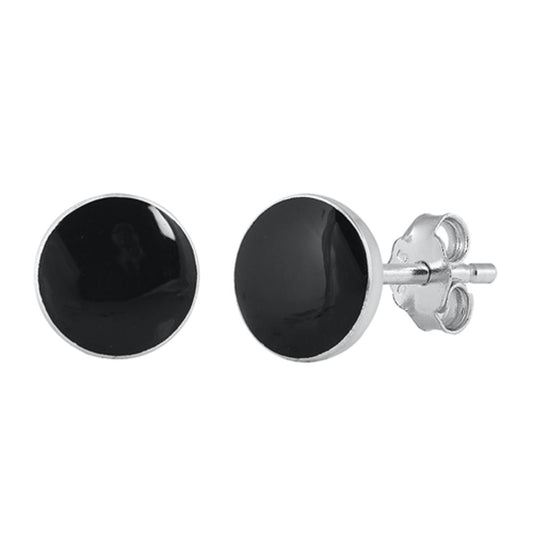 Classic Sterling Silver Black Onyx Round Stud High Polished Earrings 925 New