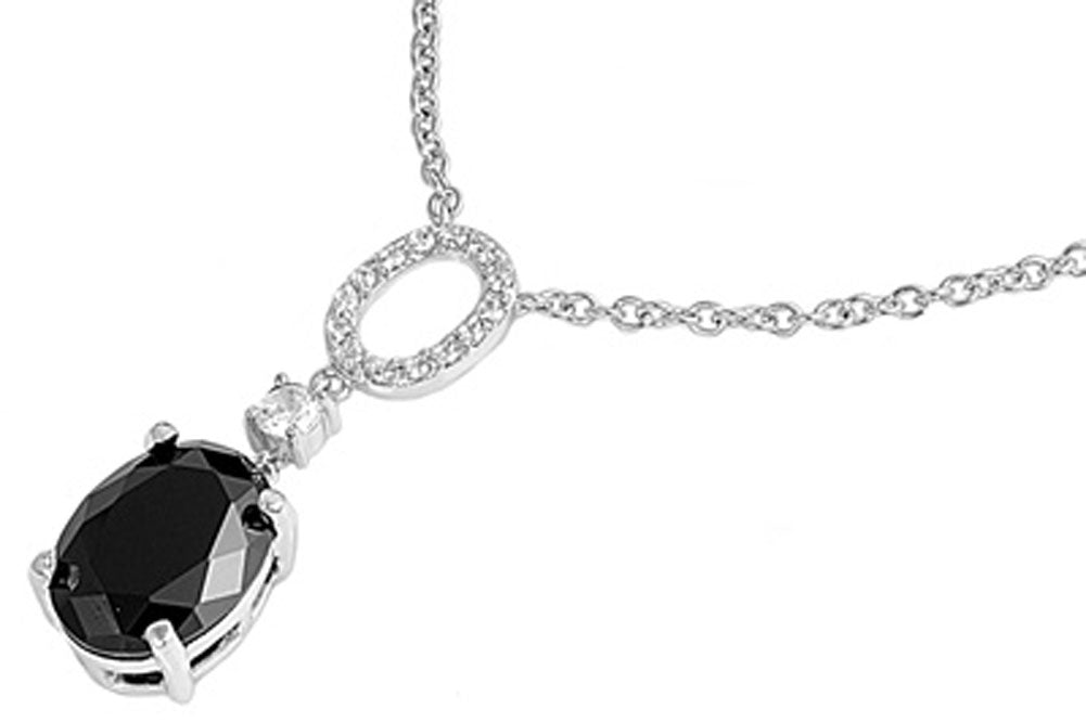 Oval Solitaire Pendant Necklace Clear Simulated CZ Black Simulated CZ .925 Sterling Silver, 18"