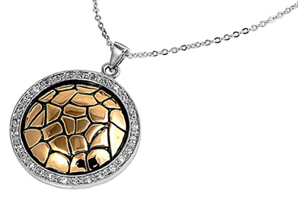 Gold-Tone Pendant Cracked Design Necklace Clear Simulated CZ .925 Sterling Silver, 18"