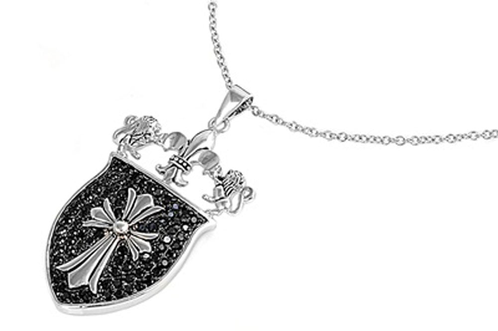 Cross Shield Pendant Necklace Black Simulated CZ .925 Sterling Silver, 18"