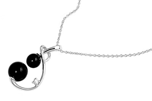 Pendant Necklace Black Simulated Onyx Clear Simulated CZ .925 Sterling Silver, 18"