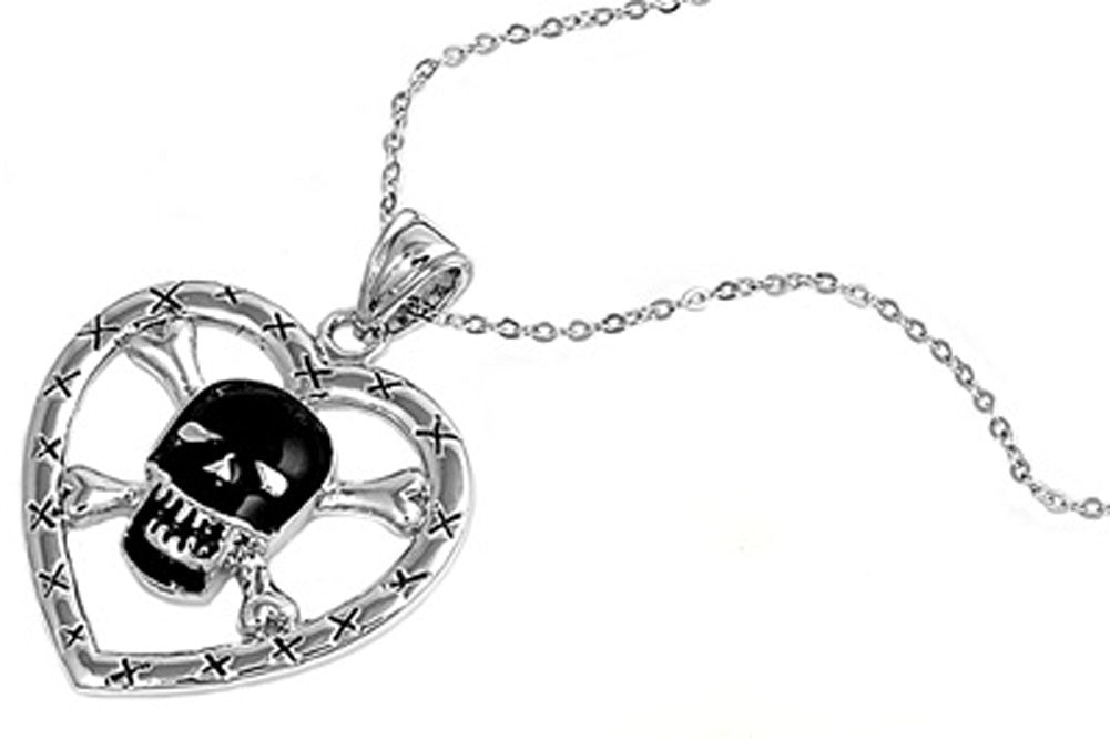 Heart Pendant Skull Crossbones Biker Necklace .925 Sterling Silver, 18"