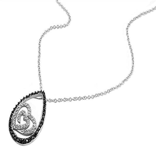 Heart Teardrop Pendant Necklace Black Simulated CZ Clear Simulated CZ .925 Sterling Silver