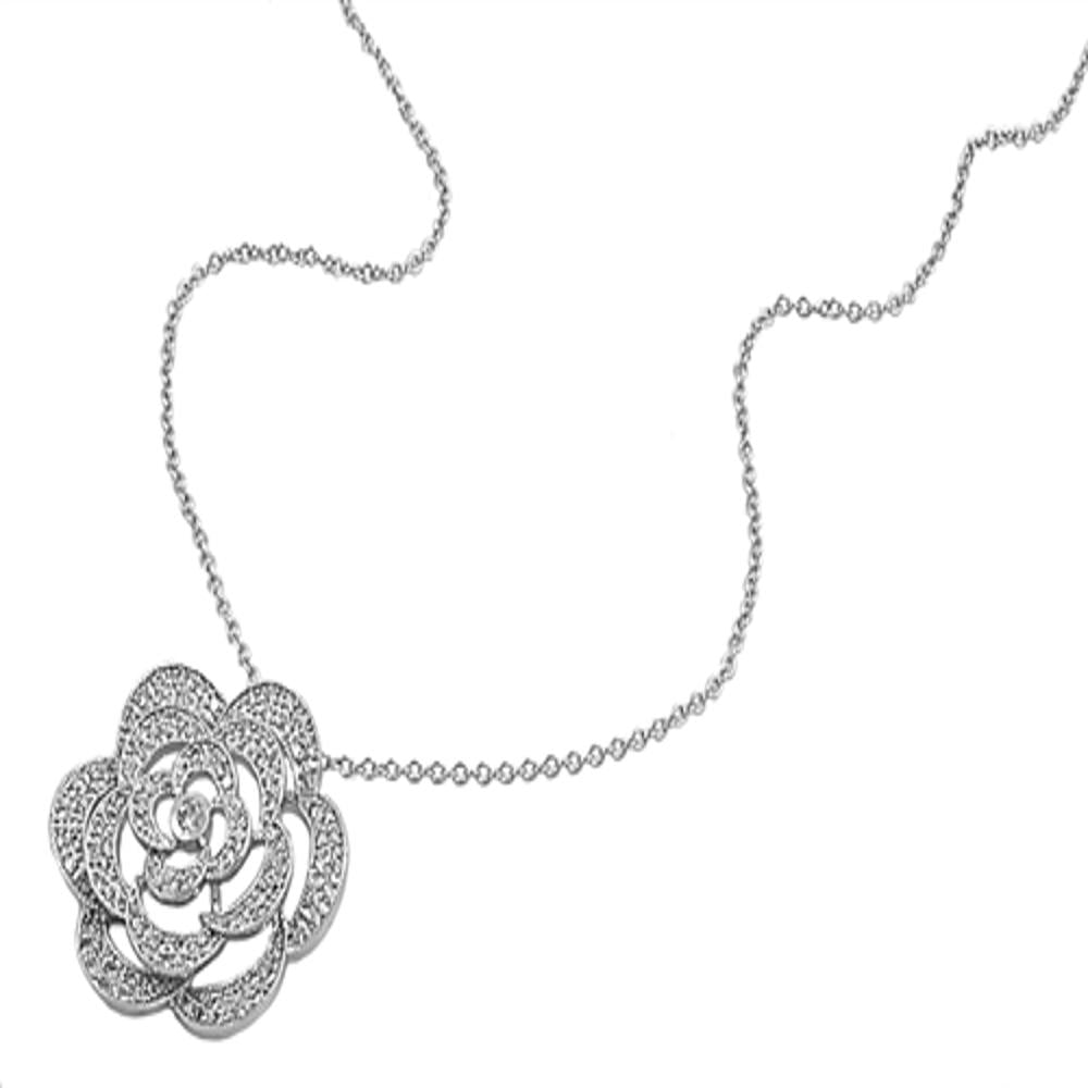 Flower Rose Pendant Necklace Clear Simulated CZ .925 Sterling Silver