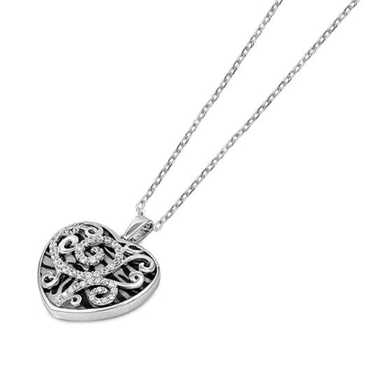 Heart Pendant Filigree Necklace Clear Simulated CZ .925 Sterling Silver