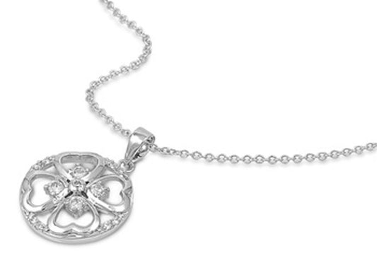 Clover Pendant Heart Necklace Clear Simulated CZ .925 Sterling Silver