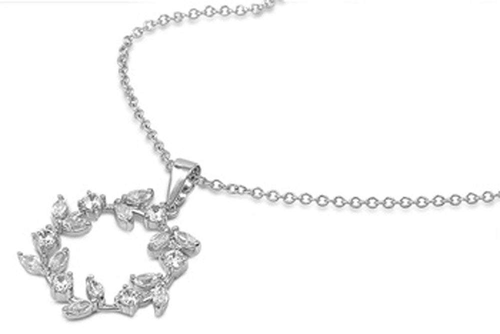 Pendant Rolo Chain Flower Circle Necklace Clear Simulated CZ .925 Sterling Silver