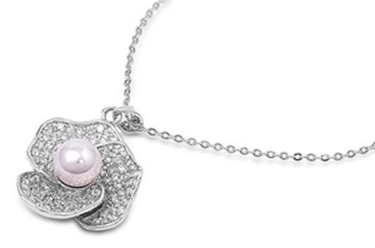 Micro Pave Flower Pendant Necklace Simulated Pearl Clear Simulated CZ .925 Sterling Silver