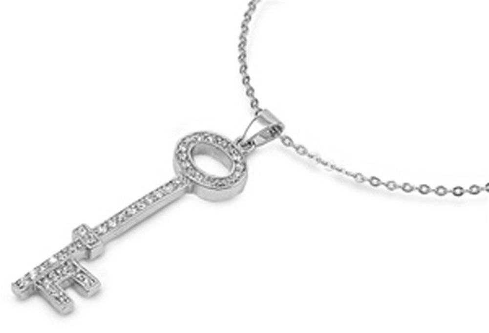 Rolo Chain Key Pendant Necklace Clear Simulated CZ .925 Sterling Silver