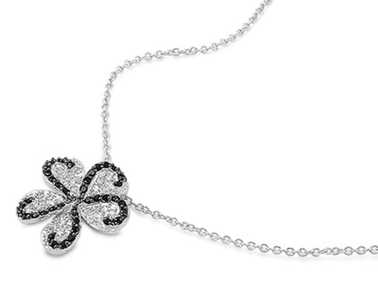 Flower Pendant Micro Pave Necklace Clear Simulated CZ Black Simulated CZ .925 Sterling Silver