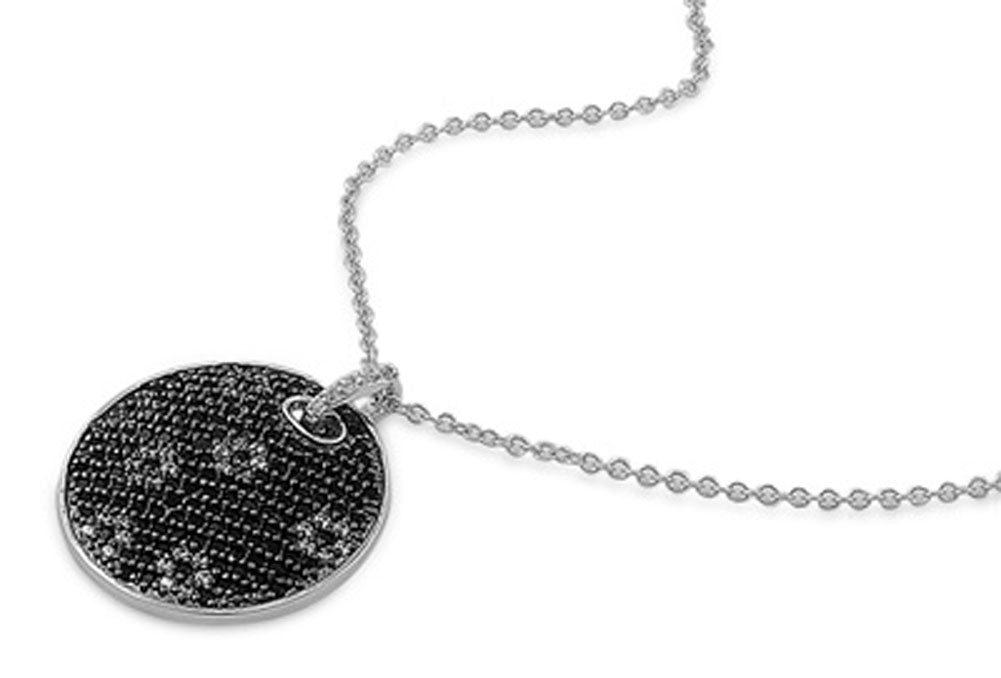 Micro Pave Pendant Round Necklace Clear Simulated CZ Black Simulated CZ .925 Sterling Silver