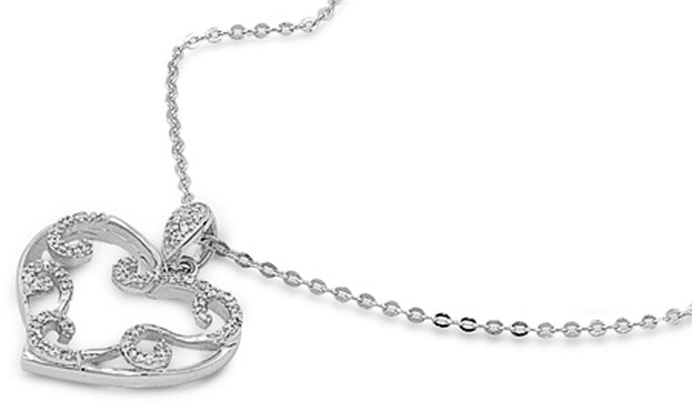 Heart Pendant Necklace Clear Simulated CZ .925 Sterling Silver