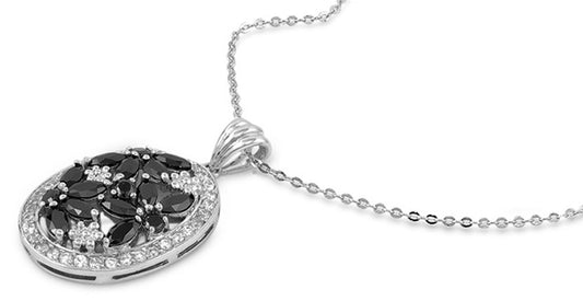 Oval Pendant Necklace Black Simulated CZ Clear Simulated CZ .925 Sterling Silver