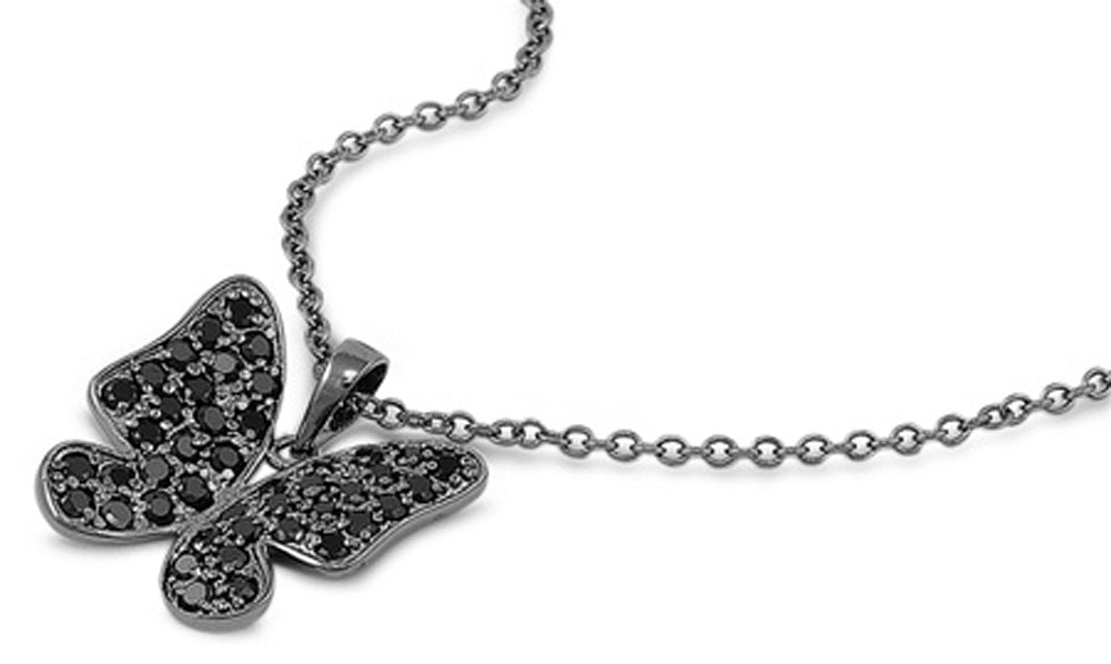 Black-Tone Butterfly Pendant Necklace Black Simulated CZ .925 Sterling Silver