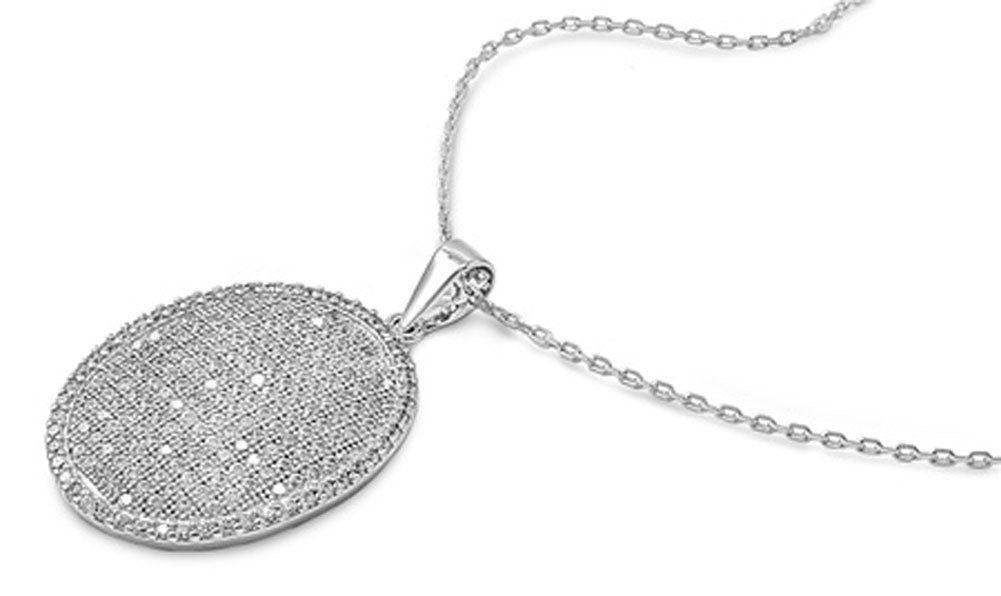 Micro Pave Oval Pendant Necklace Clear Simulated CZ .925 Sterling Silver