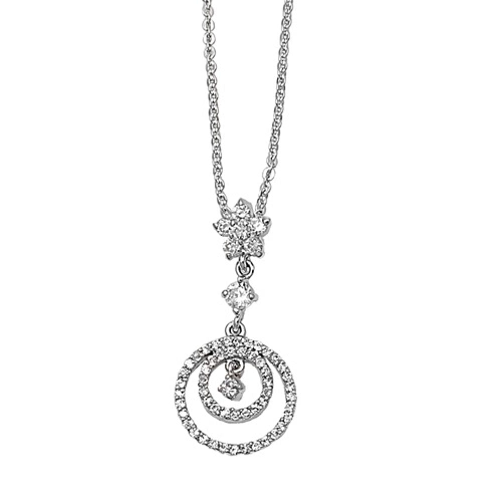 Dangling Pendant Two-Circle Necklace Clear Simulated CZ .925 Sterling Silver, 16"