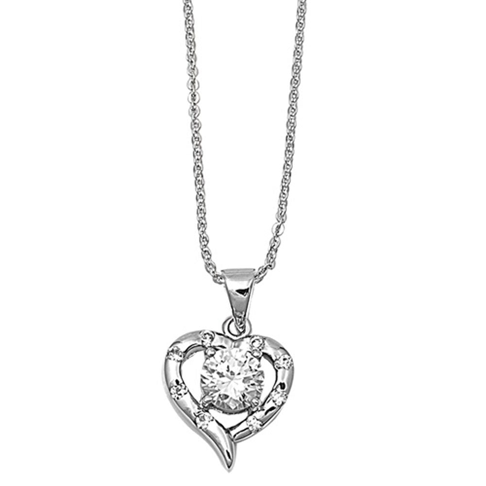 Heart Pendant Necklace Clear Simulated CZ .925 Sterling Silver, 16"