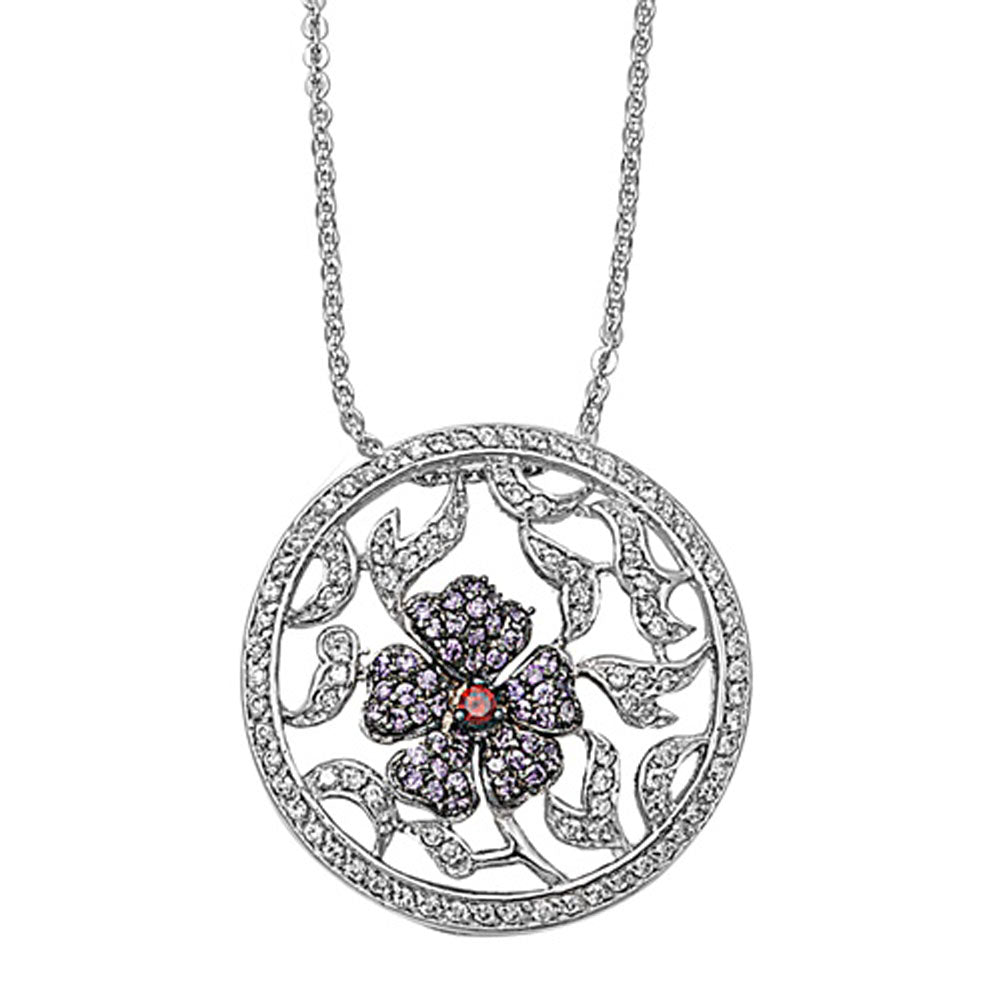 Flower Pendant Round Filigree Necklace Simulated Amethyst Simulated Garnet .925 Sterling Silver, 16"