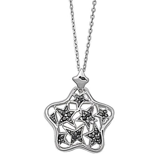 Star Pendant Cutout Necklace Black Simulated CZ .925 Sterling Silver, 16"