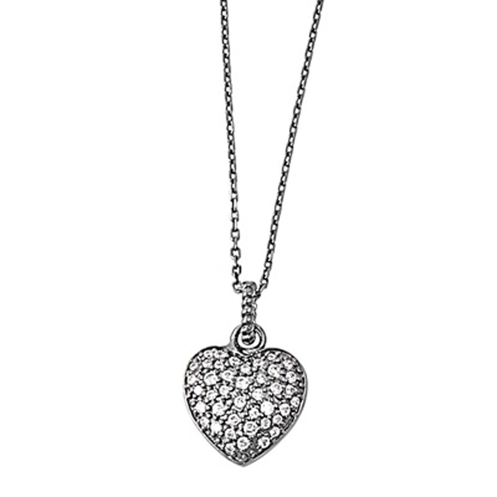 Black-Tone Heart Pendant Necklace Clear Simulated CZ .925 Sterling Silver, 16"