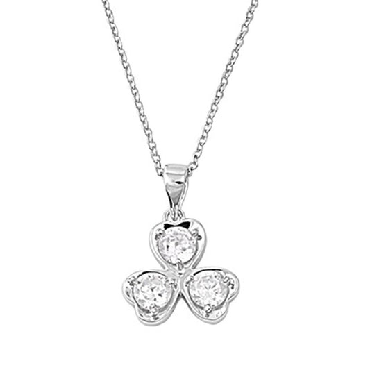 Clover Pendant Rolo Chain Necklace Clear Simulated CZ .925 Sterling Silver, 16"