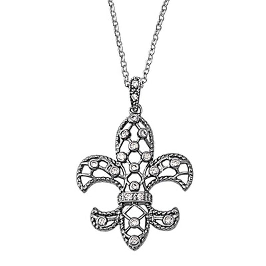 Fleur De Lis Pendant Rolo Chain Necklace Clear Simulated CZ .925 Sterling Silver, 16"