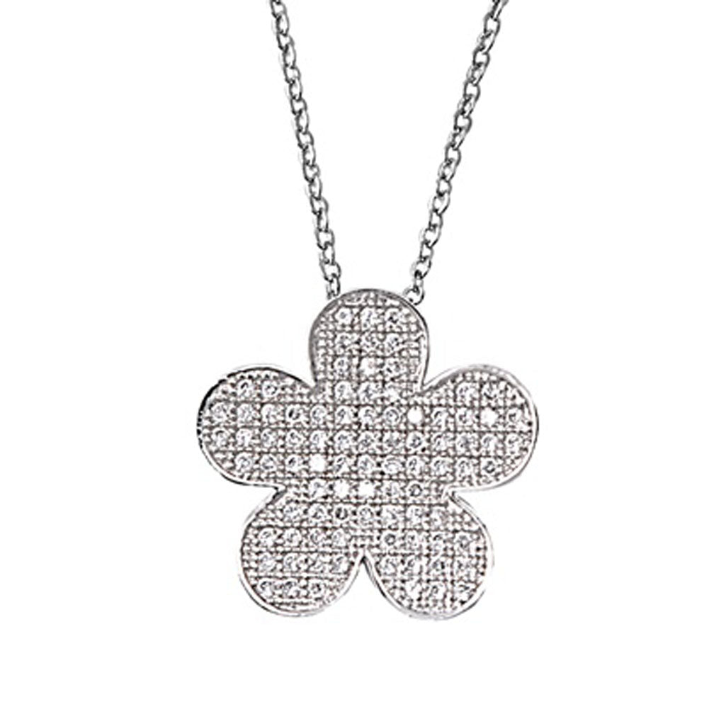 Flower Pendant Micro Pave Necklace Clear Simulated CZ .925 Sterling Silver, 16"