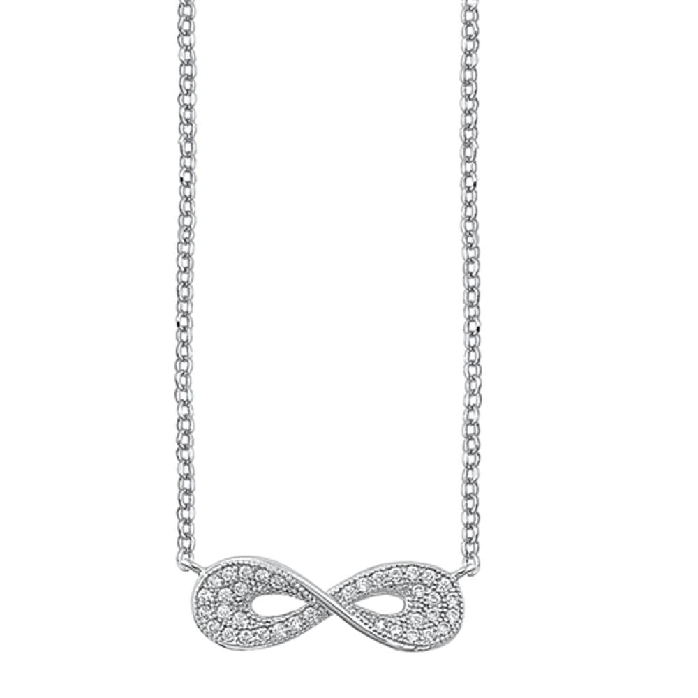 Twisted Infinity Pendant Rolo Chain Necklace Clear Simulated CZ .925 Sterling Silver, 16"