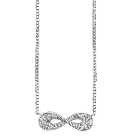 Twisted Infinity Pendant Rolo Chain Necklace Clear Simulated CZ .925 Sterling Silver, 16"