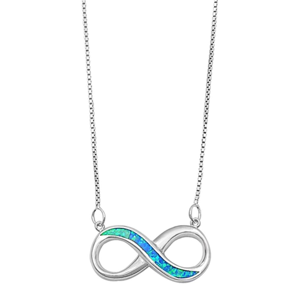 Infinity Pendant Necklace Blue Simulated Opal .925 Sterling Silver, 18"