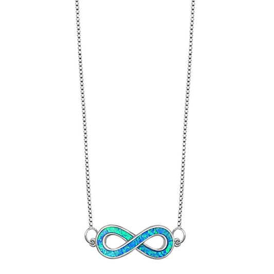 Infinity Pendant Necklace Blue Simulated Opal .925 Sterling Silver, 18"