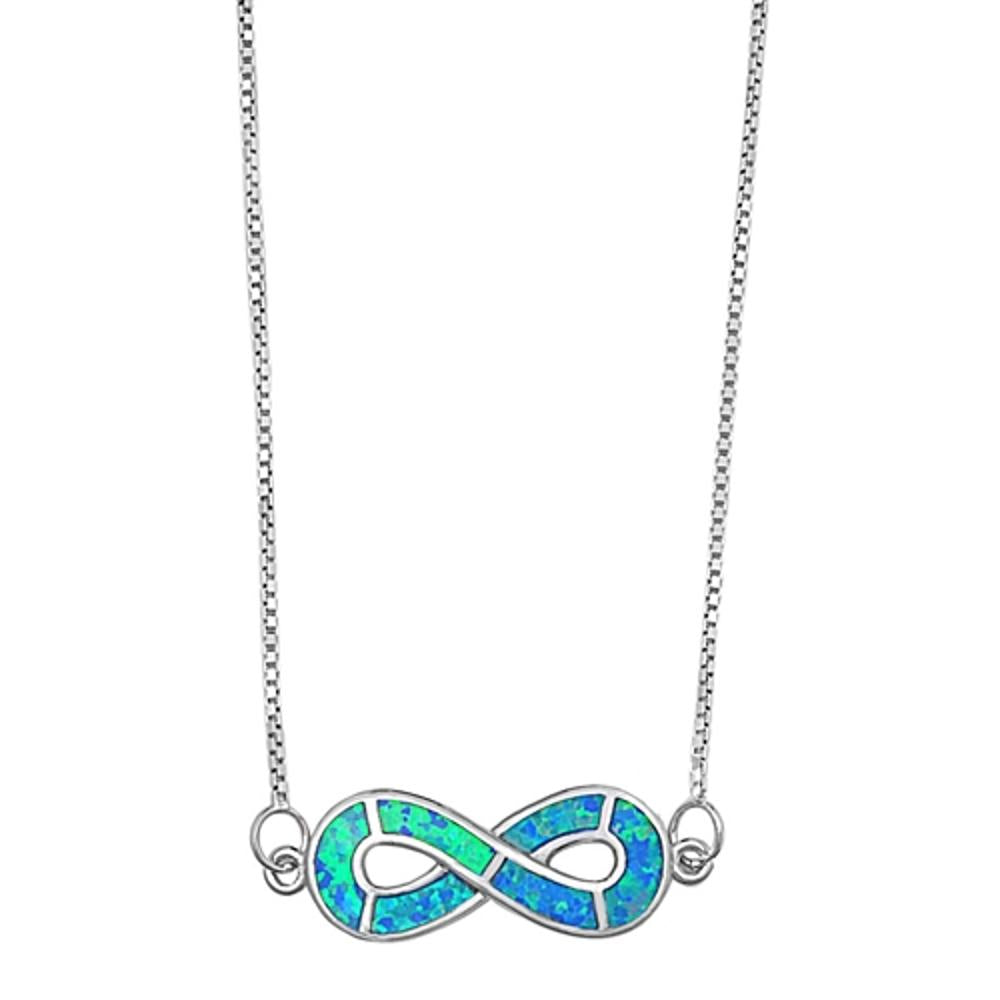 Infinity Pendant Necklace Blue Simulated Opal .925 Sterling Silver, 18"