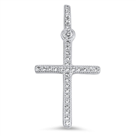 Sterling Silver Thin Studded Navette Cross Pendant Clear Simulated CZ Charm