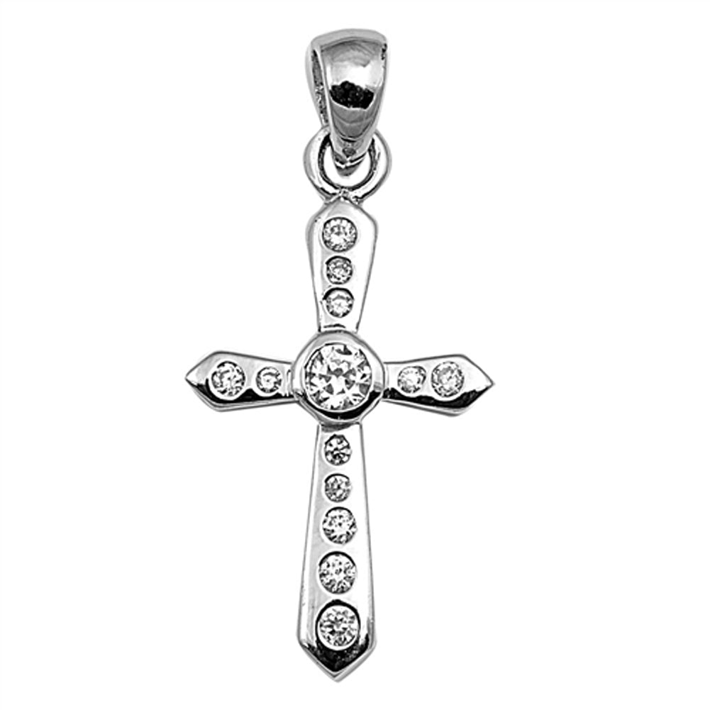 Modern Studded Cross Pendant Clear Simulated CZ .925 Sterling Silver Charm