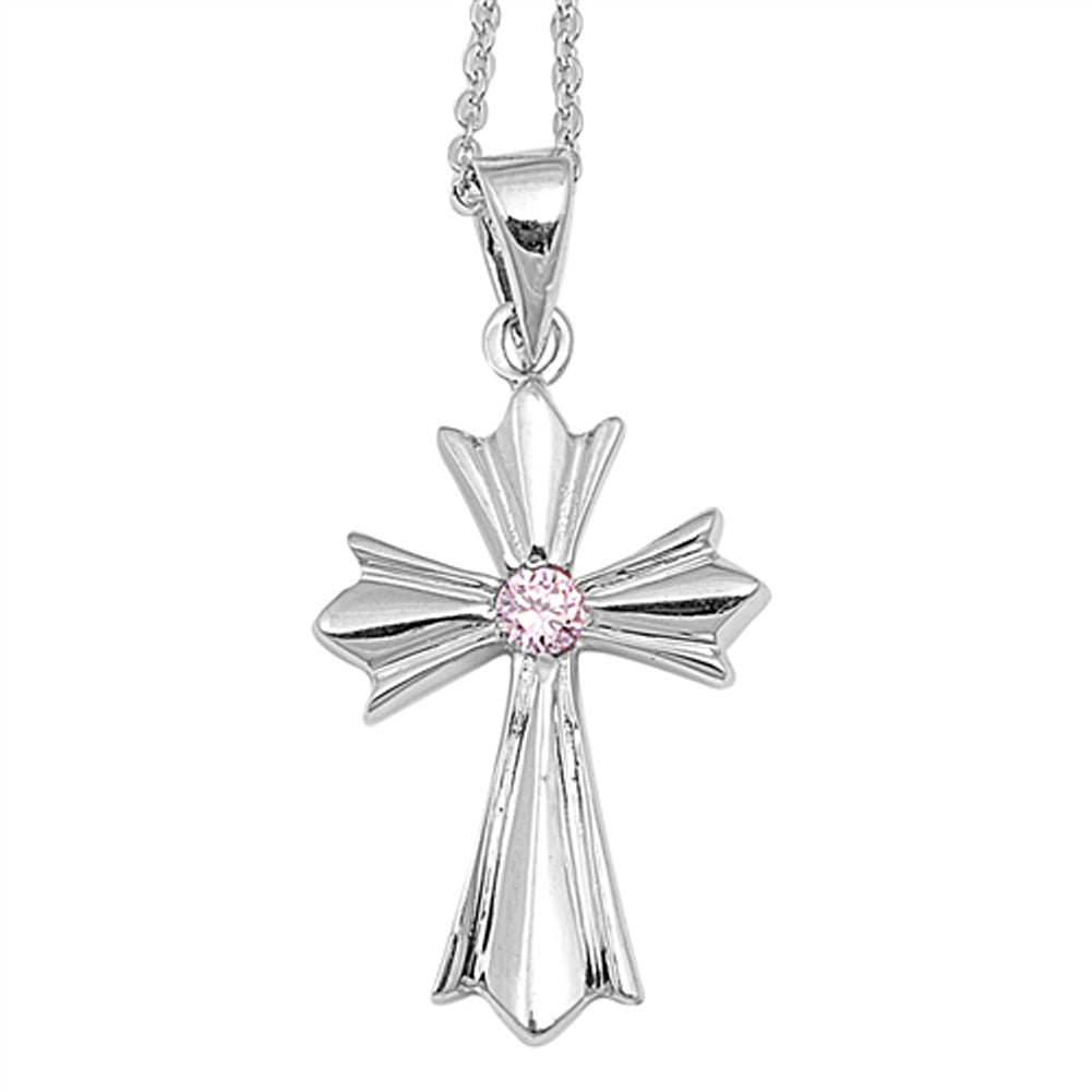 Medieval Style Cross Pendant Pink Simulated CZ .925 Sterling Silver Shiny Charm