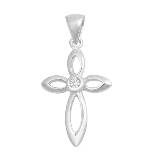 Sterling Silver Cutout Flower Cross Pendant Elegant Charm Clear CZ 925 New