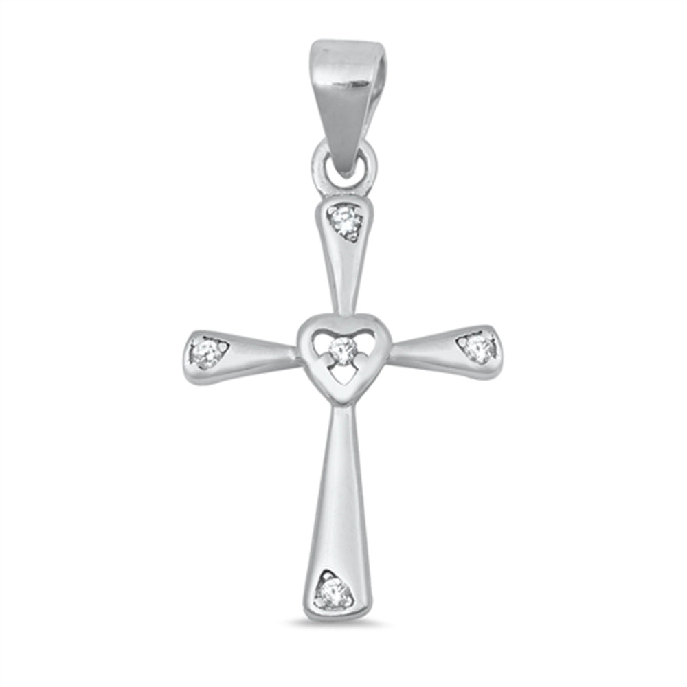 Sterling Silver Simple Heart Cross Pendant Studded Love Burst Charm Clear CZ 925