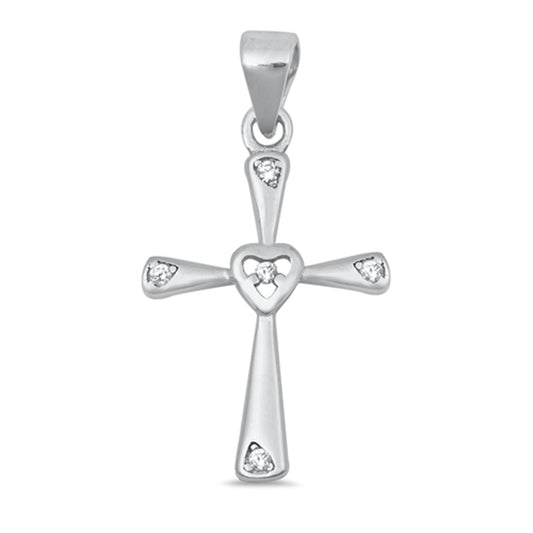 Sterling Silver Simple Heart Cross Pendant Studded Love Burst Charm Clear CZ 925