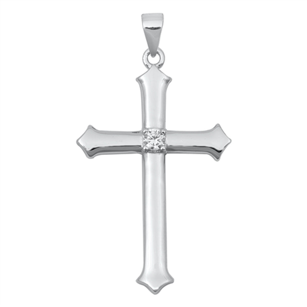 Sterling Silver Pointed Cross Pendant Classic Simple Elegant Charm Clear CZ 925