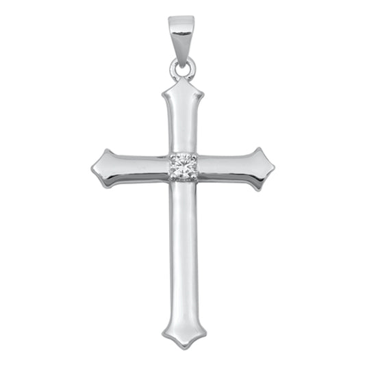 Sterling Silver Pointed Cross Pendant Classic Simple Elegant Charm Clear CZ 925