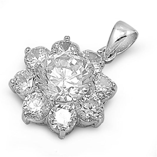 Bold Studded Flower Pendant Clear Simulated CZ .925 Sterling Silver Halo Charm